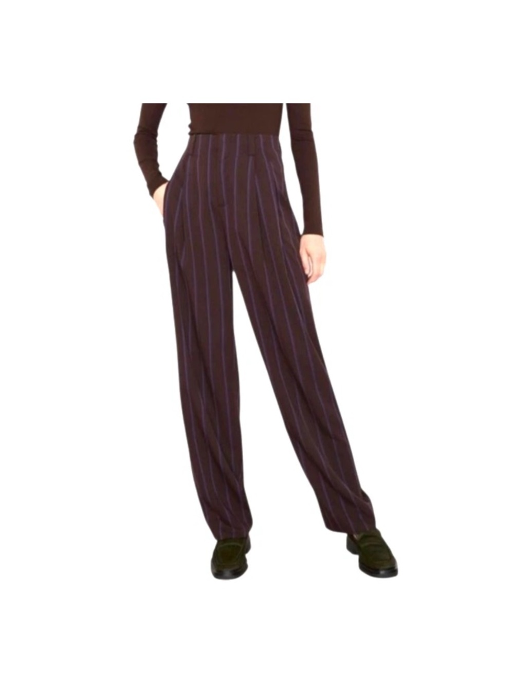Vince High-Waist Pleated Stripe Pants - Purple and Brown - Size 00
